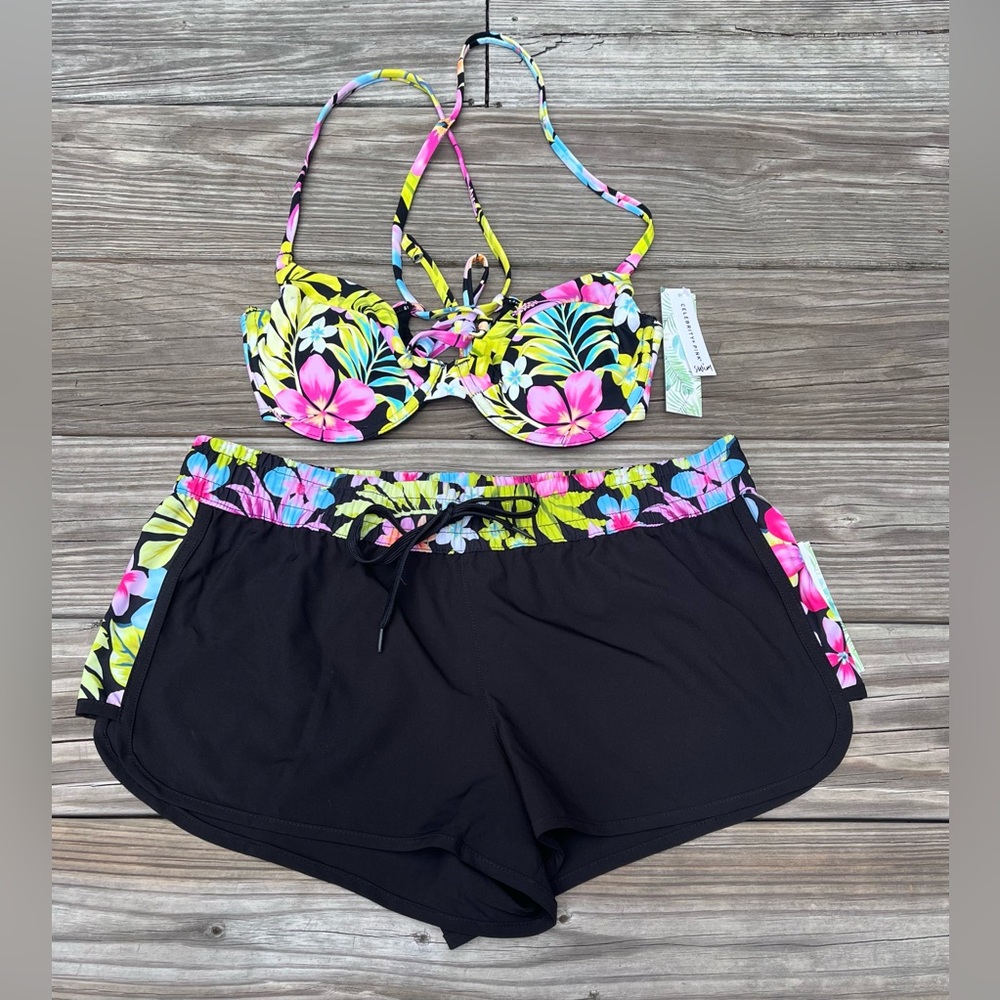 Celebrity Pink Swim Tropical Dream Top Board Short Set Women's Medium 7-9 NWT